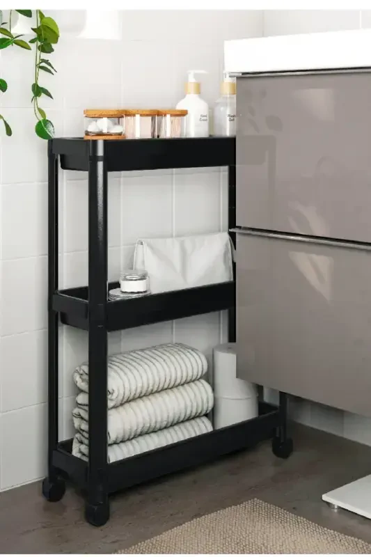 Wheeled Shelf Unit 3 Tier Black Bathroom Shelf Kitchen Shelf Serving Trolley Organizer - 3