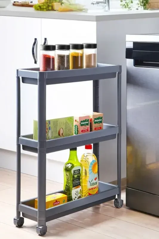 Wheeled Shelf Unit 3 Tier Gray Bathroom Shelf Kitchen Shelf Serving Trolley Organizer-Gray - 1