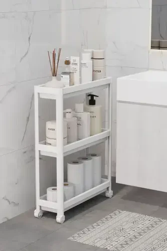 Wheeled Shelf Unit 3 Tier White Bathroom Shelf Kitchen Shelf Serving Trolley Organizer (PEGGYWHITE) - LIUWA (1)