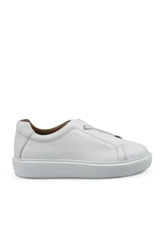 White 100% Leather Stitched Bottom Rubber Sneaker Shoe - 1