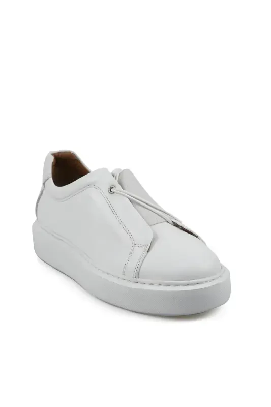 White 100% Leather Stitched Bottom Rubber Sneaker Shoe - 2
