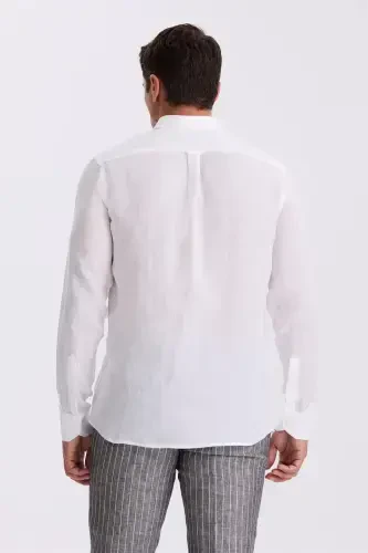 White 100% Linen Button-Down Collar Comfort Fit Shirt - 3