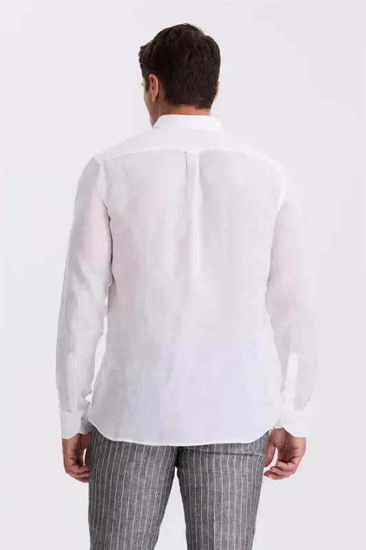 White 100% Linen Button-Down Collar Comfort Fit Shirt - 3