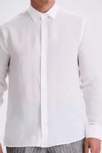 White 100% Linen Button-Down Collar Comfort Fit Shirt - 4
