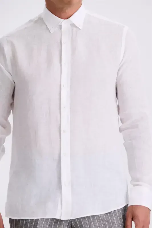 White 100% Linen Button-Down Collar Comfort Fit Shirt - 4
