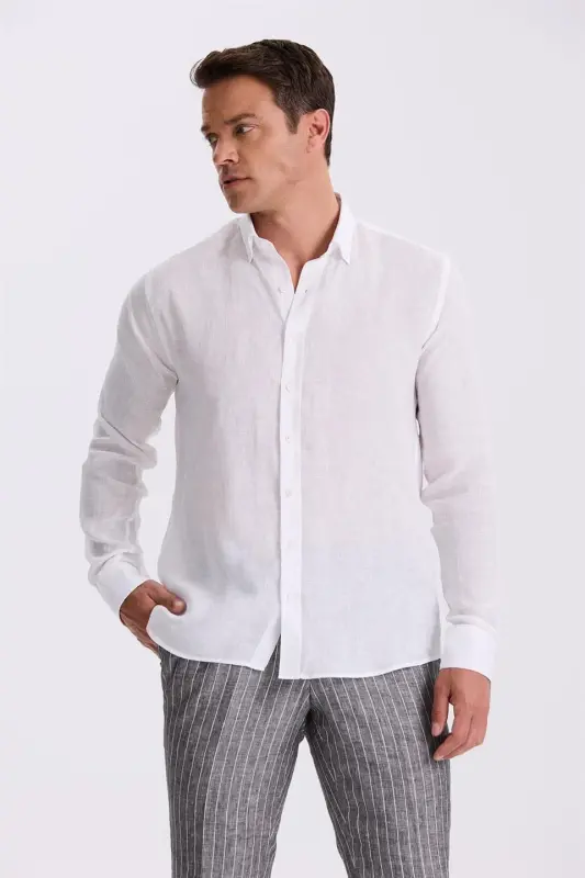 White 100% Linen Button-Down Collar Comfort Fit Shirt - JAKAMEN