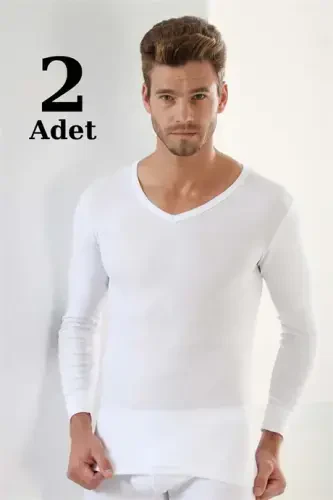 White 2-Pack Men's Body Long Sleeve T-Shirt V Neck Basic 100% Cotton Rib - 1