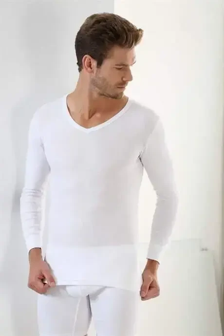 White 2-Pack Men's Body Long Sleeve T-Shirt V Neck Basic 100% Cotton Rib - 4