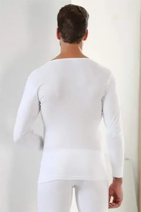 White 2-Pack Men's Body Long Sleeve T-Shirt V Neck Basic 100% Cotton Rib - 5