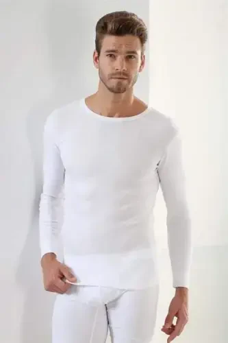 White 2-Pack Men's Bodysuit Long Sleeve T-Shirt Crew Neck Basic 100% Cotton Rib - 3