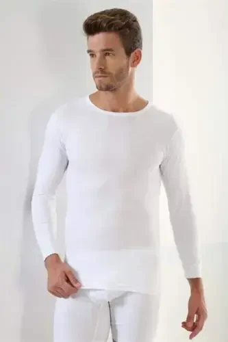 White 2-Pack Men's Bodysuit Long Sleeve T-Shirt Crew Neck Basic 100% Cotton Rib - 4