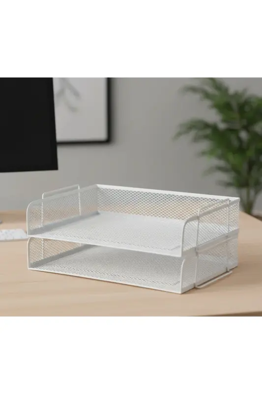 White 2-Tier Mesh Steel File Document Rack High School A - 1