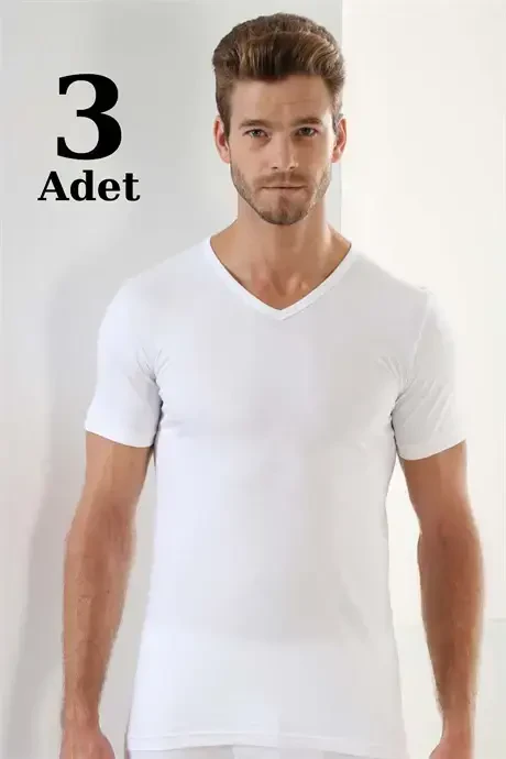White 3-Pack Men's V-Neck T-Shirt Short Sleeve 100% Cotton - 1