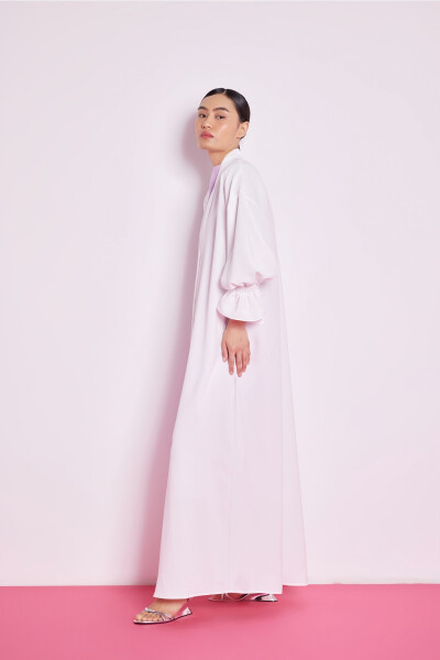 White Abaya with Elastic Sleeve Details - 3