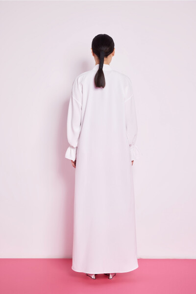 White Abaya with Elastic Sleeve Details - 6