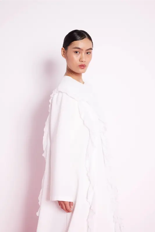 White Abaya with Ruffled Stripes - 4