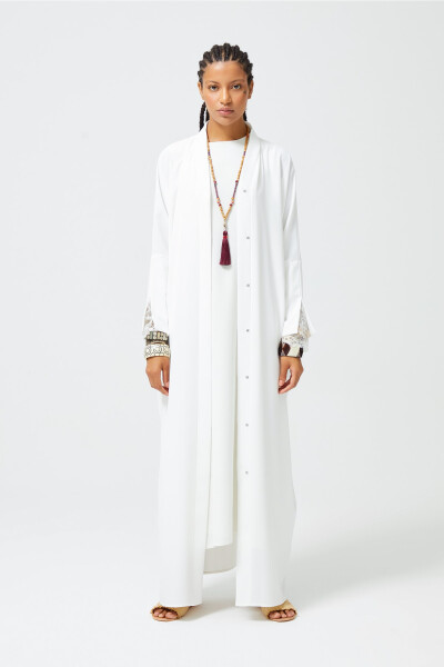 White Abaya with Slit Sleeves and Lace Detail - 2