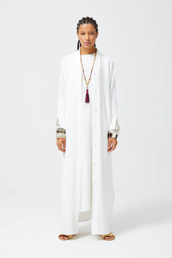 White Abaya with Slit Sleeves and Lace Detail - 2