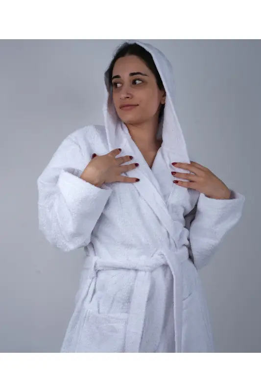 White AVS Boucle Hooded Model Bathrobe (S-M-L-XL-2XL-3XL-4XL) Plus and Tall Size-White - 1
