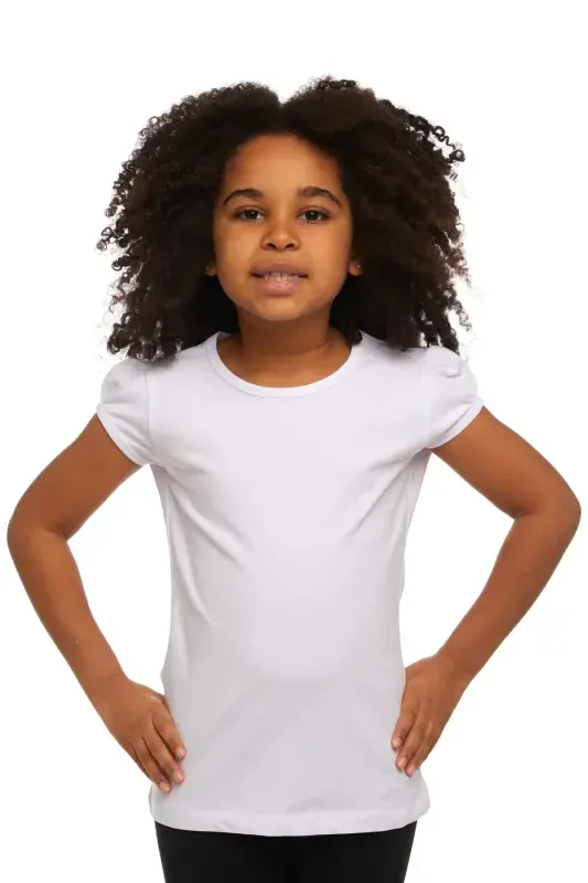 White Basic Girls Crew Neck Melon Sleeve T-Shirt-WHITE - 1