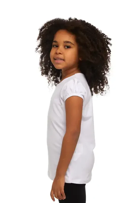 White Basic Girls Crew Neck Melon Sleeve T-Shirt-WHITE - 2