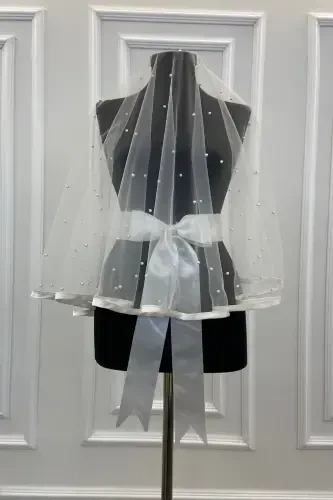 White Beaded Bridal Veil Set with Wide Trim-BİYELİİNCİLİBEYAZ - 1