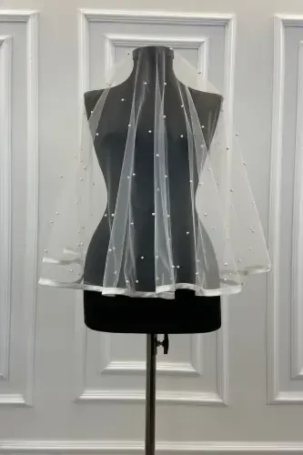 White Beaded Bridal Veil Set with Wide Trim-BİYELİİNCİLİBEYAZ - 2