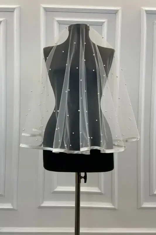 White Beaded Bridal Veil Set with Wide Trim-BİYELİİNCİLİBEYAZ - 2