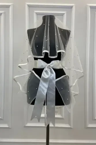 White Beaded Bridal Veil Set with Wide Trim-BİYELİİNCİLİBEYAZ - 3