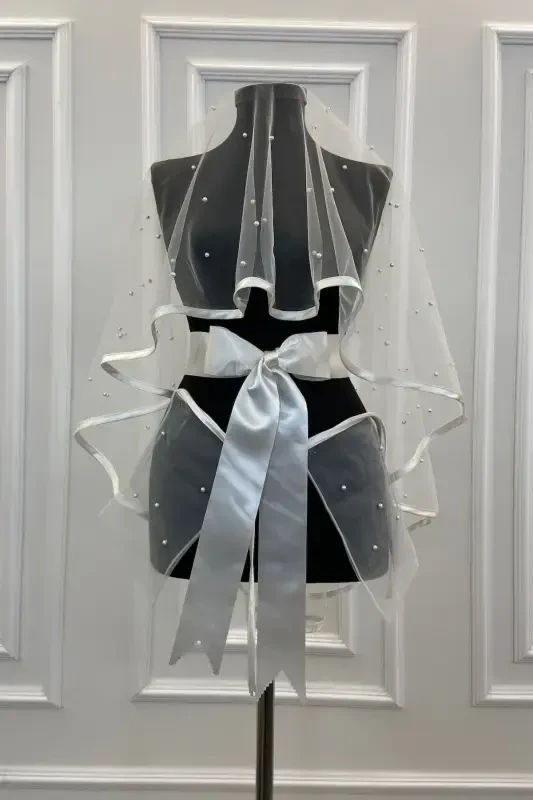 White Beaded Bridal Veil Set with Wide Trim-BİYELİİNCİLİBEYAZ - 3