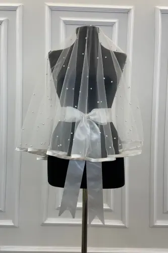 White Beaded Bridal Veil Set with Wide Trim-BİYELİİNCİLİBEYAZ 