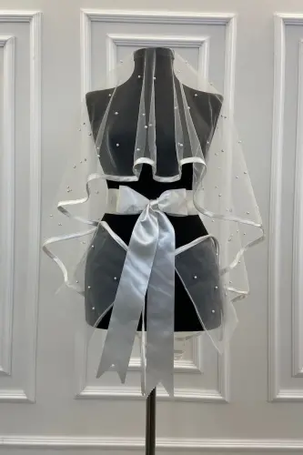 White Beaded Bridal Veil Set with Wide Trim-BİYELİİNCİLİBEYAZ - 3