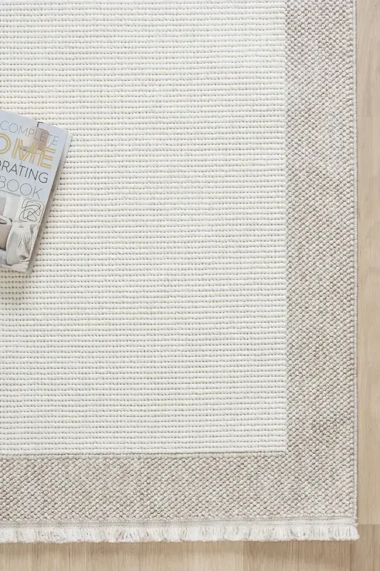 White Beige Soft Textured Bordered Woven Carpet Living Room Kitchen Hallway Runner Woven Machine Carpet 0021-White 46 - 5
