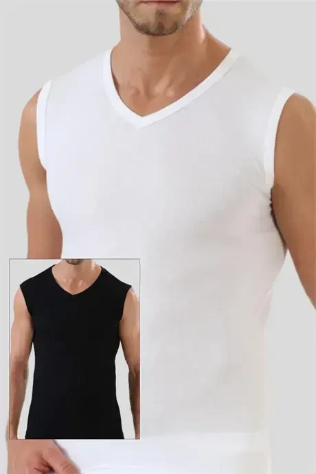 White - Black Men's V-Neck T-Shirt Zero Sleeve Sleeveless Athletic 2-Pack 100% Cotton - 1