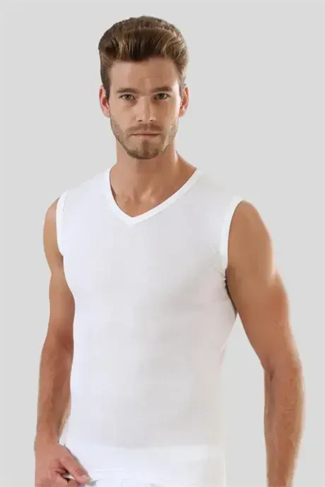 White - Black Men's V-Neck T-Shirt Zero Sleeve Sleeveless Athletic 2-Pack 100% Cotton - 13