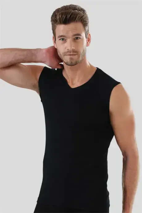 White - Black Men's V-Neck T-Shirt Zero Sleeve Sleeveless Athletic 2-Pack 100% Cotton - 5