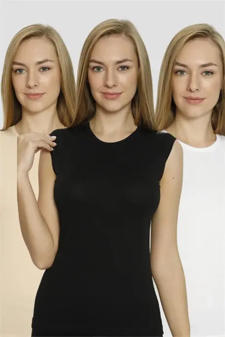 White-Black-Skin Women's Sleeveless T-Shirt Cycling Neck Cotton Lycra 3 Pack - 1