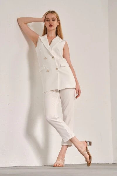 White Blazer Vest Straight Leg Trousers Satin Fabric Suit Dress - Modazone