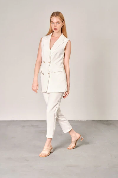 White Blazer Vest Straight Leg Trousers Satin Fabric Suit Dress - Modazone (1)