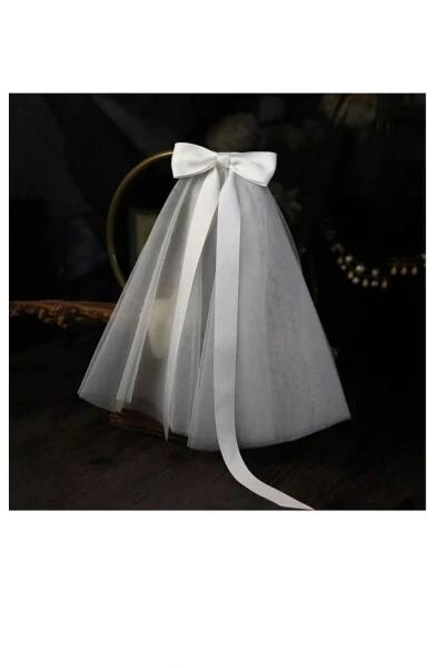 White Bow Short Bridal Veil 50cm Bridal Veil 50cm White Veil Bow Bridal Veil - HARRU (1)