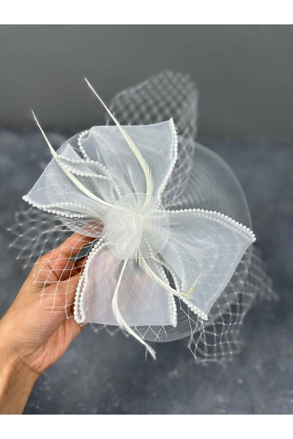 White Bridal Costume Cap with Pearl Feather Detail Wedding Hat - 2