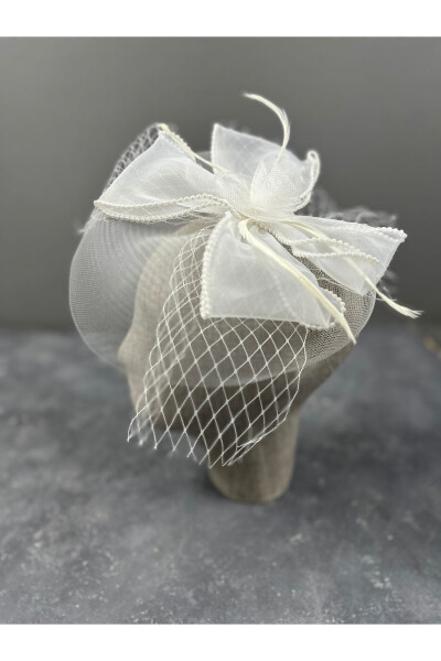 White Bridal Costume Cap with Pearl Feather Detail Wedding Hat - 3