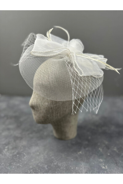 White Bridal Costume Cap with Pearl Feather Detail Wedding Hat - 4