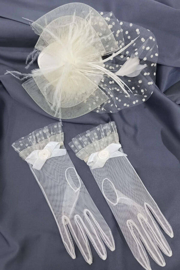 White Bridal Gloves with Ribbon Detail and Bridal Veil - 1