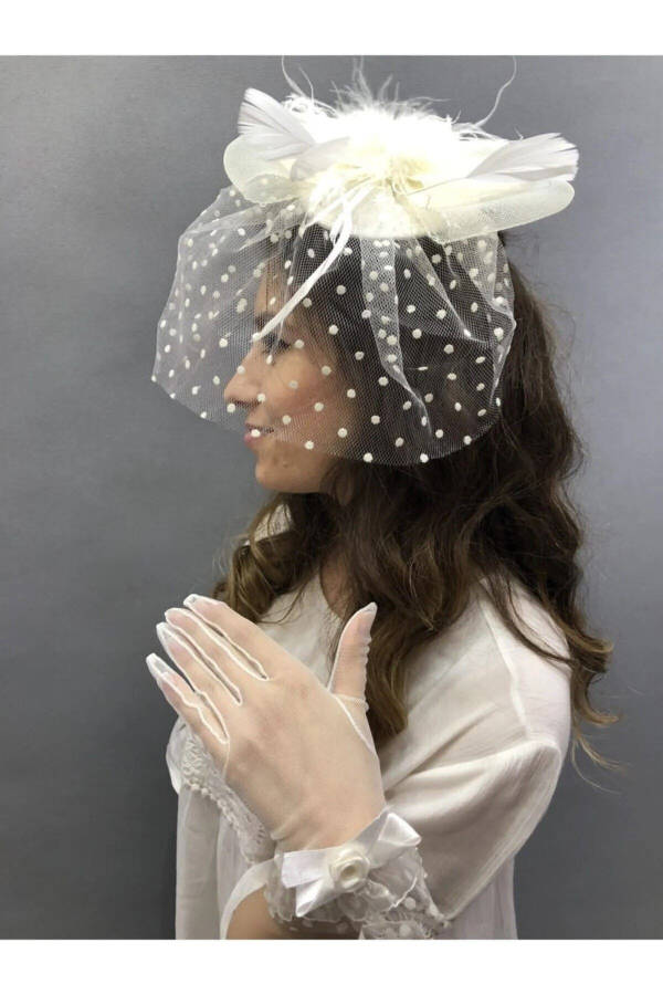White Bridal Gloves with Ribbon Detail and Bridal Veil - 2
