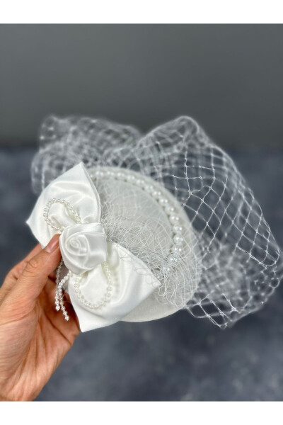 White Bridal Hat Costume Hat with Pearl Detailed Bow Design - 1