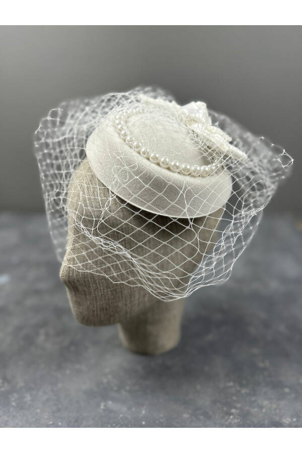 White Bridal Hat Costume Hat with Pearl Detailed Bow Design - 2