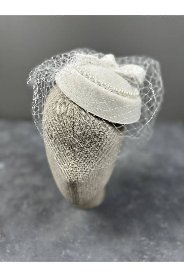 White Bridal Hat Costume Hat with Pearl Detailed Bow Design - 3