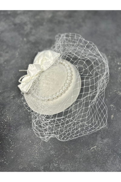 White Bridal Hat Costume Hat with Pearl Detailed Bow Design - 4