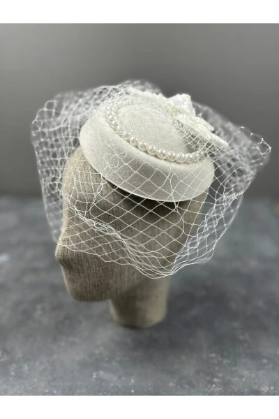 White Bridal Hat Costume Hat with Pearl Detailed Bow Design - Modazone (1)